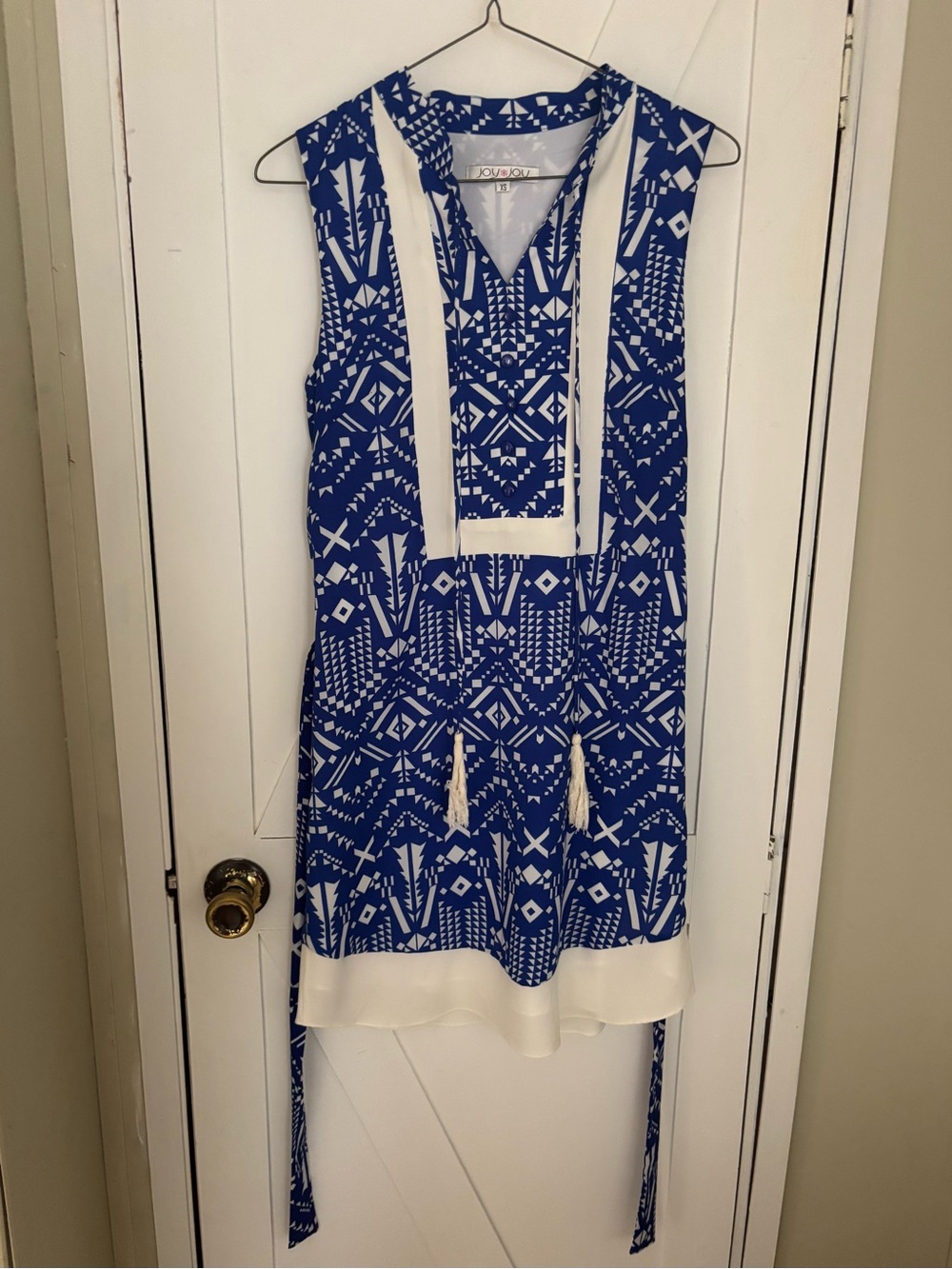 Joy Joy XS Blue White Geometric Print Sleeveless Dress Tassel Tie